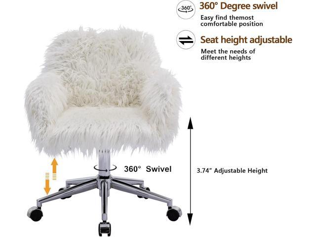 White Desk Chair with Wheels Cute Faux Fur Vanity Chair Height Adjustable Swivel Accent Chair Small Home Office Desk Chair with Chrome Base
