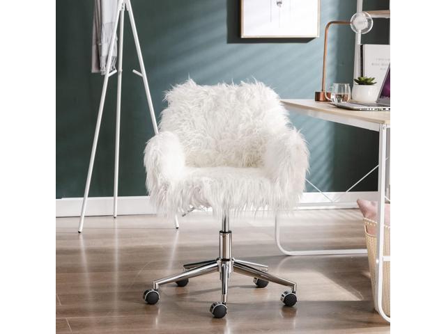White Desk Chair with Wheels Cute Faux Fur Vanity Chair Height Adjustable Swivel Accent Chair Small Home Office Desk Chair with Chrome Base