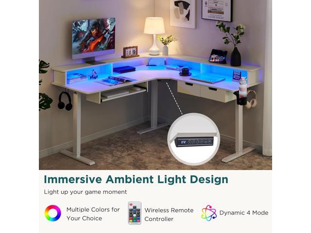 RedLemon 60 Inches L Shaped Electric Standing Desk, Height Adjustable Corner Gaming Desk with Drawers, Keyboard Tray, Power Outlets & LED Lights,...