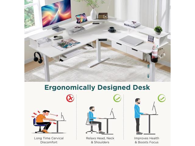 RedLemon 60 Inches L Shaped Electric Standing Desk, Height Adjustable Corner Gaming Desk with Drawers, Keyboard Tray, Power Outlets & LED Lights,...