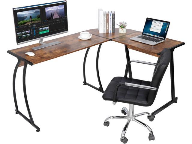 SUPER DEAL L-Shaped Corner Desk Computer Gaming Desk - 58 Inch Modern Home PC Table Office Writing Workstation, Rustic Brown