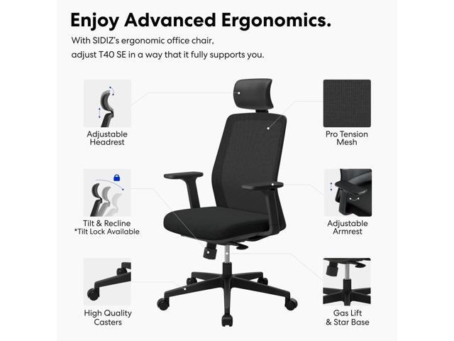 SIDIZ T40 SE Ergonomic Office Chair: Comfortable Home Office Chair for Light Users with Reclining Tilt Lock, Headrest, 3D Armrests, Mesh Back...