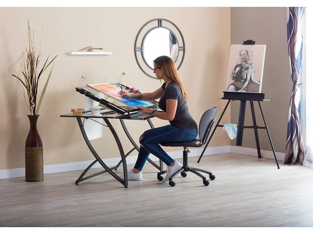 SD STUDIO DESIGNS Futura Luxe Drawing, Drafting, Craft Table with Drawer, 35' Wide Angle Adjustable Top and Side Shelf, Pewter Grey/Clear Glass