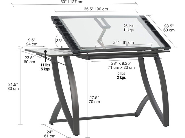 SD STUDIO DESIGNS Futura Luxe Drawing, Drafting, Craft Table with Drawer, 35' Wide Angle Adjustable Top and Side Shelf, Pewter Grey/Clear Glass