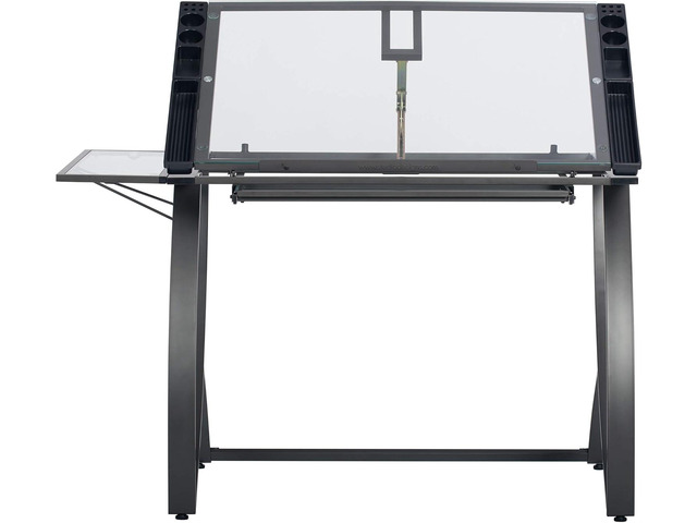 SD STUDIO DESIGNS Futura Luxe Drawing, Drafting, Craft Table with Drawer, 35' Wide Angle Adjustable Top and Side Shelf, Pewter Grey/Clear Glass