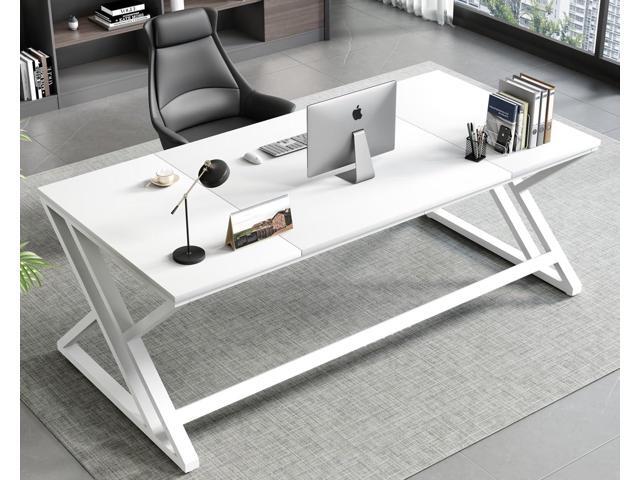 HSH White 70.8' Computer Desk, Modern Large Long Wood Metal Office Desk, Farmhouse Pc Study Work Writing Desk for Two Person, Rustic Double...