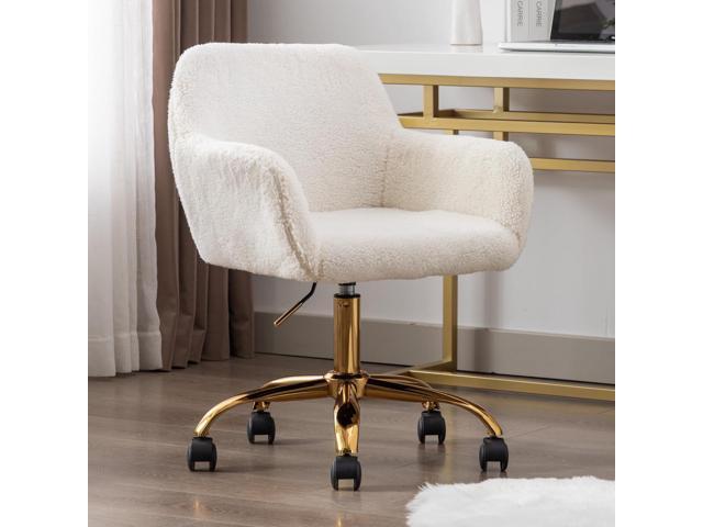 Faux Fur 360°Swivel Desk Chair, Modern Height Adjustable Home Office Armchair with Golden Base for Teens Women Girls, Upholstery Computer Chair for...