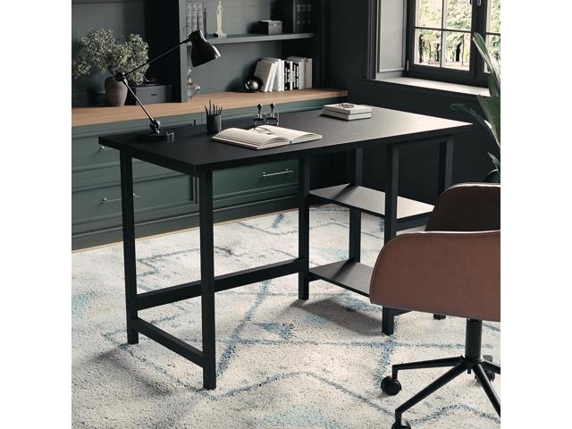 Martha Stewart Beckett Modern Trestle Desk with Open Side Shelving in Black Wood Grain Finish