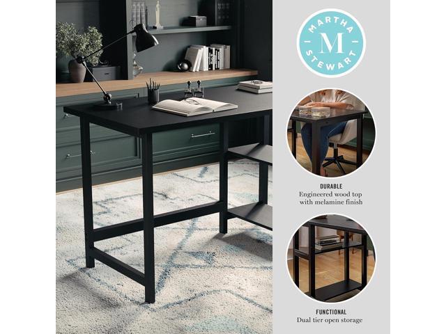 Martha Stewart Beckett Modern Trestle Desk with Open Side Shelving in Black Wood Grain Finish