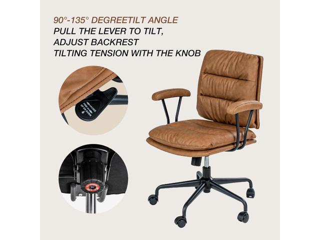 Brown Office Desk Chair, PU Leather Chair with Lumbar Support, Removable Armrests, Comfortable Adjustable Swivel Task Chair for Home, Office, Small...
