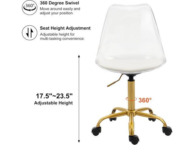 HOMEFUN Clear Desk Chair with Cushion, Armless Acrylic Rolling Chair with Golden Feet Swivel Height Adjustable Ghost Chair Molded Plastic Home...