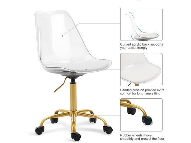 HOMEFUN Clear Desk Chair with Cushion, Armless Acrylic Rolling Chair with Golden Feet Swivel Height Adjustable Ghost Chair Molded Plastic Home...