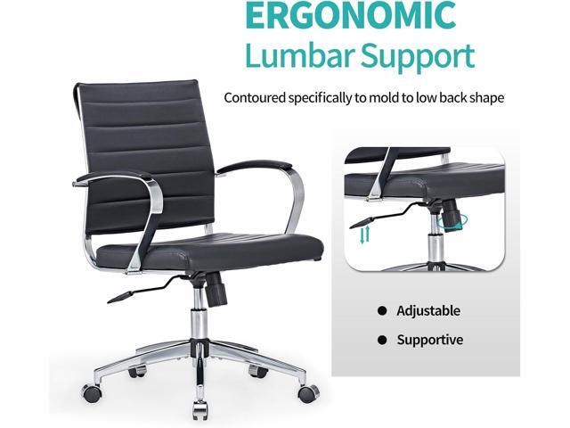 Mid-Century Modern Black Leather Office Chair with armrests, Adjustable Swivel Desk Chair for Home Office, Ergonomic Executive Chair