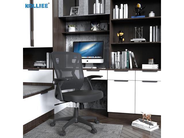 KOLLIEE Mid Back Mesh Office Chair Ergonomic Swivel Black Mesh Computer Chair Flip Up Arms with Lumbar Support Adjustable Height Task Chair