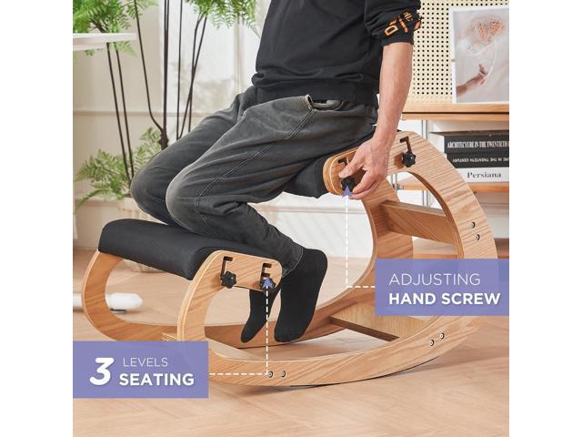 Ergonomic Kneeling Chair,Adjustable Rocking Knee Chair for Home Office,Wooden Office Chair for Back Pain Relief,Black