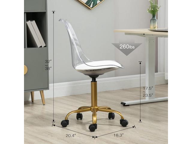 Acrylic Clear Desk Chair, Modern Small Cute Armless Vanity Rolling Plastic Chair Home Office Lucite Ghost Chairs Cushion Padded with Golden Legs,...