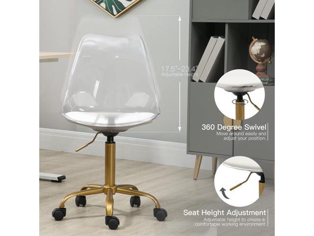 Acrylic Clear Desk Chair, Modern Small Cute Armless Vanity Rolling Plastic Chair Home Office Lucite Ghost Chairs Cushion Padded with Golden Legs,...