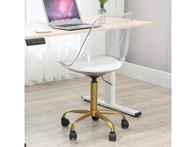 Acrylic Clear Desk Chair, Modern Small Cute Armless Vanity Rolling Plastic Chair Home Office Lucite Ghost Chairs Cushion Padded with Golden Legs,...