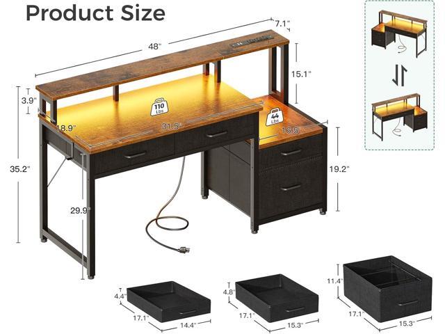 AODK Computer Desk with 4 Drawers, 48 Inch Reversible Desk with Led Lights & Power Outlet, Office Desk with File Drawer & Monitor Stand, Work Table...
