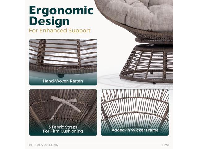 Bme 40' Ergonomic Wicker Papasan Chair with Soft Thick Density Fabric Cushion, Bee-Designed Base, High Capacity Steel Frame, 360 Degree Swivel for...