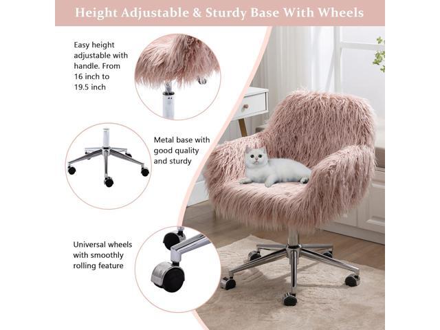 Office Desk Chair Fluffy Swivel Desk Chair Height Adjustable with Armrest Soft Cushion Silver Base for Bedroom Home Office Computer Pink