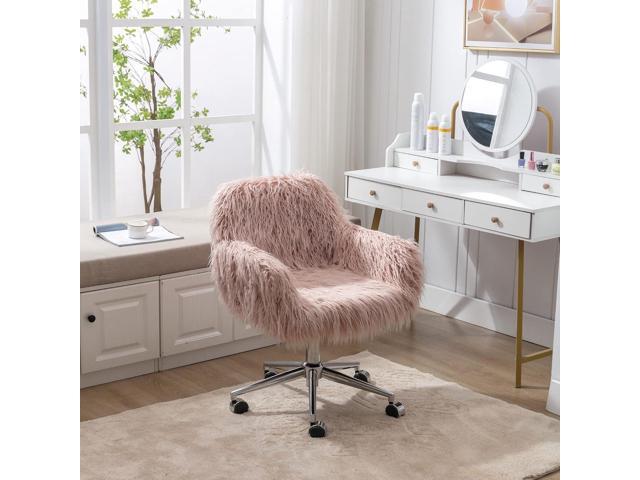 Office Desk Chair Fluffy Swivel Desk Chair Height Adjustable with Armrest Soft Cushion Silver Base for Bedroom Home Office Computer Pink