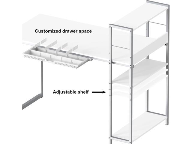 SHW 46-Inch Computer Desk with Adjustable Side Shelf and Drawer, 24' Deep, White