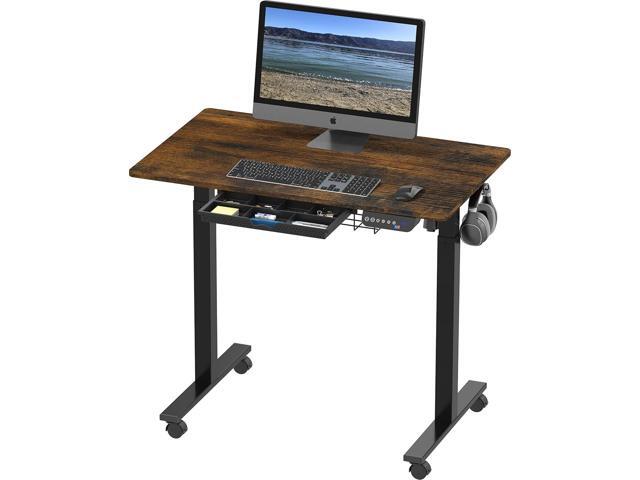 SHW 40-Inch Mobile Electric Height Adjustable Sit to Stand Desk with Drawer, Hanging Hooks and Cable Management, Rustic Brown