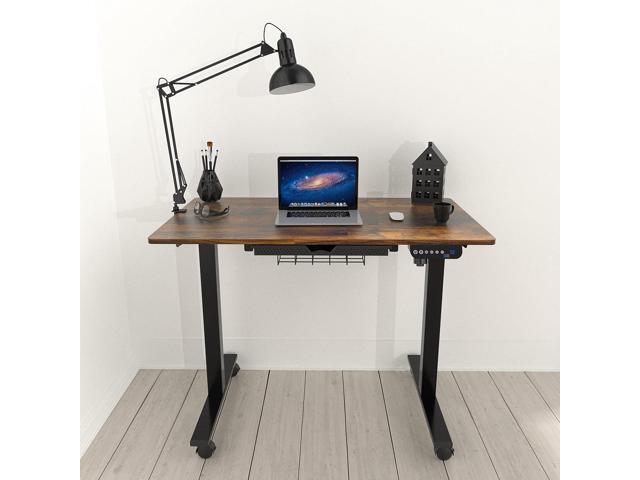 SHW 40-Inch Mobile Electric Height Adjustable Sit to Stand Desk with Drawer, Hanging Hooks and Cable Management, Rustic Brown