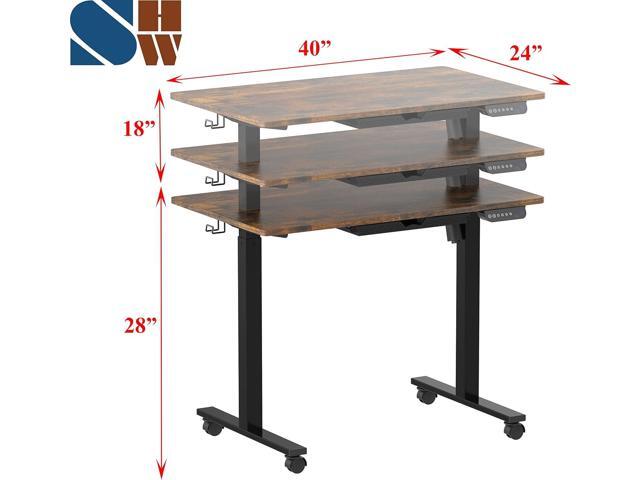 SHW 40-Inch Mobile Electric Height Adjustable Sit to Stand Desk with Drawer, Hanging Hooks and Cable Management, Rustic Brown