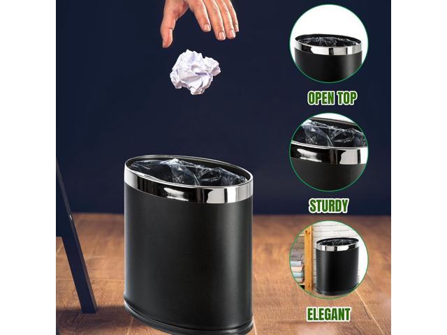 'Invisi-Overlap' Metal Trash Can, Open Top Small Office Wastebasket, Oval Shape (Black)
