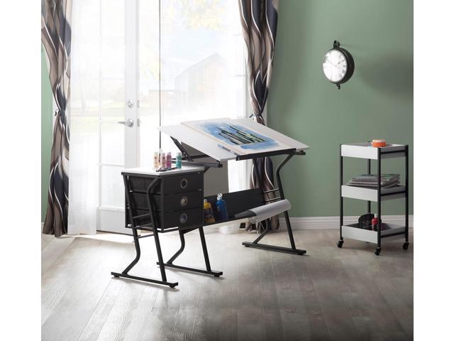 SD Studio Designs 2 Piece Eclipse Ultra Center/Drawing Table with Stool, Angle Adjustable Top, Storage Shelves, and Drawers