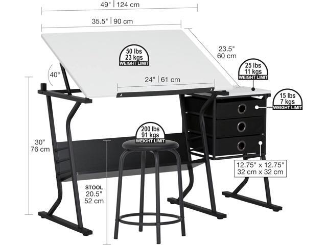 SD Studio Designs 2 Piece Eclipse Ultra Center/Drawing Table with Stool, Angle Adjustable Top, Storage Shelves, and Drawers