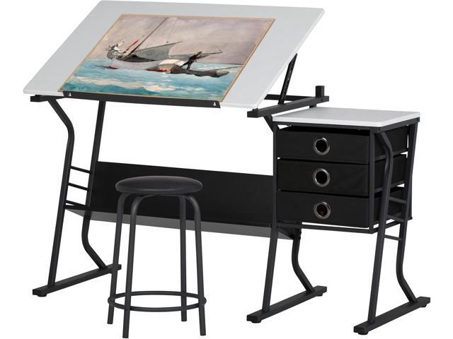 SD Studio Designs 2 Piece Eclipse Ultra Center/Drawing Table with Stool, Angle Adjustable Top, Storage Shelves, and Drawers