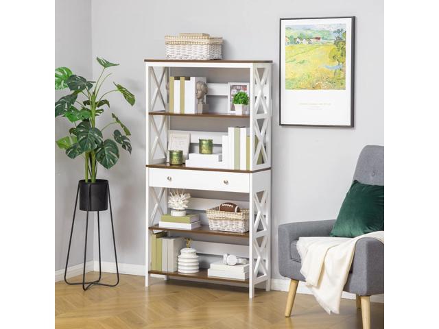 HOMCOM 4-Tier Shelving Bookcase Storage Cupboard with Pull Out Drawer, and Wooden Frame with X Bar Stability, White
