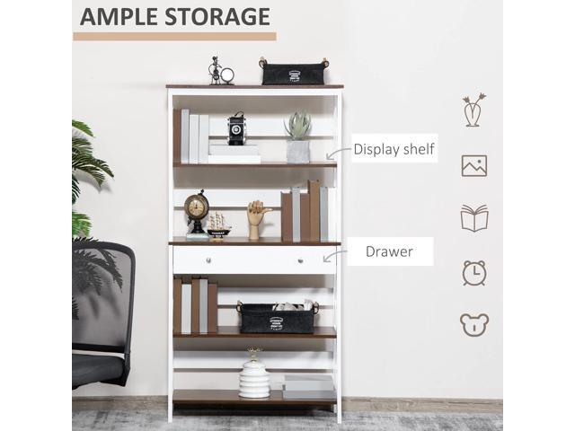 HOMCOM 4-Tier Shelving Bookcase Storage Cupboard with Pull Out Drawer, and Wooden Frame with X Bar Stability, White