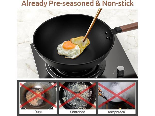 Carbon Steel Wok, 13-Inch, Pre-Seasoned, Non-Stick, with Lid and Spatula, Flat Bottom, Ideal for Stovetop Cooking