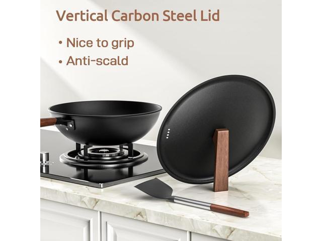 Carbon Steel Wok, 13-Inch, Pre-Seasoned, Non-Stick, with Lid and Spatula, Flat Bottom, Ideal for Stovetop Cooking