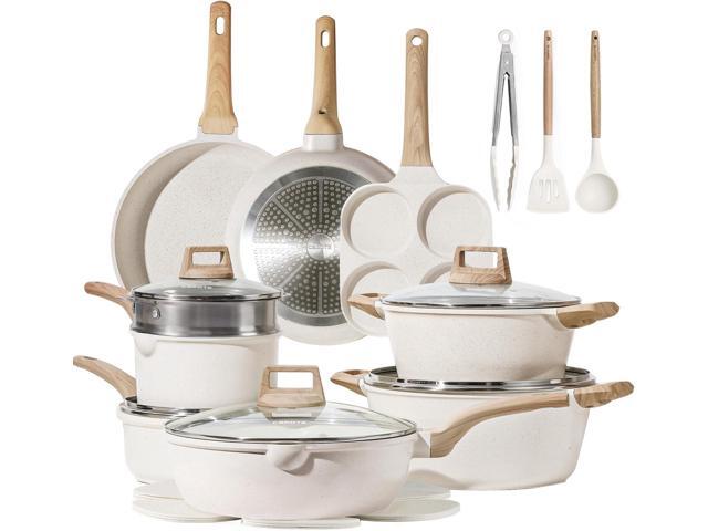 CAROTE 21Pcs Pots and Pans Set, Nonstick Cookware Sets, White Granite Induction Cookware Non Stick Cooking Set w/Frying Pans & Saucepans(PFOS, PFOA...