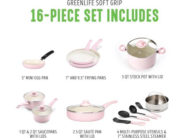 GreenLife Soft Grip 16 Piece Cookware Set, Non-Toxic PFAS-Free Ceramic Nonstick, Frying, Sauce, Saute, Utensils, Glass Lids, Stay-Cool Handles,...