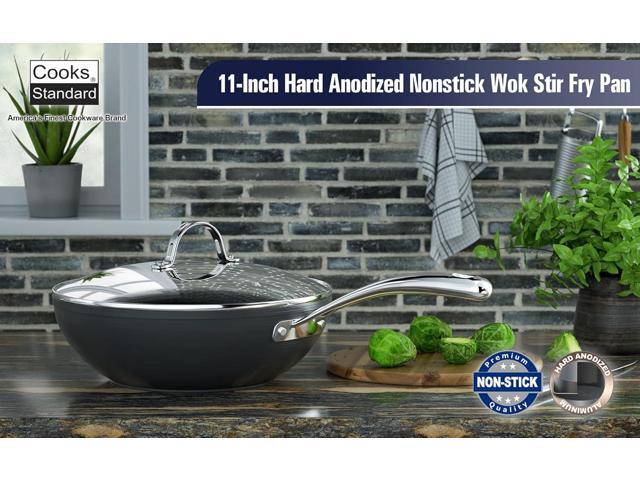 Cooks Standard Nonstick Stir-Fry Wok Pan 11-Inch, Hard Anodized Deep Frying Pan with Glass Lid, Flat Bottom, Black