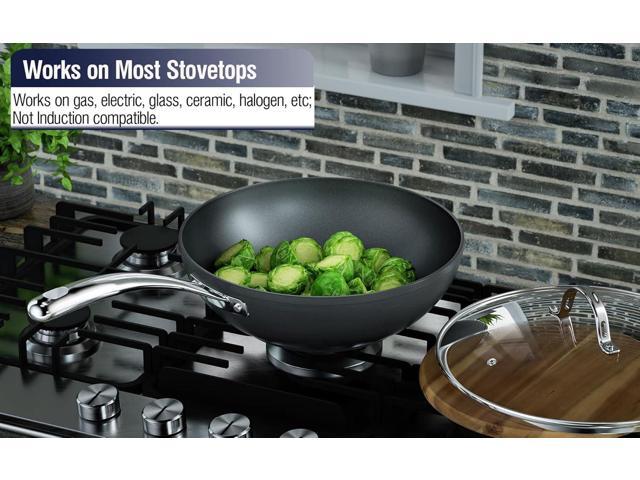 Cooks Standard Nonstick Stir-Fry Wok Pan 11-Inch, Hard Anodized Deep Frying Pan with Glass Lid, Flat Bottom, Black