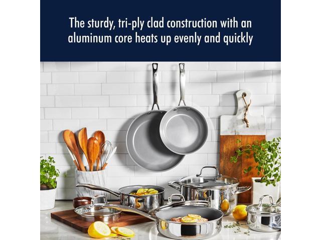 HENCKELS Clad H3 10-pc Induction Ceramic Nonstick Pot and Pan Set, Stainless Steel, Durable and Easy to clean