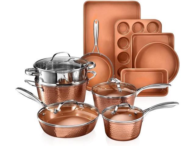 Gotham Steel Hammered 15 Pc Ceramic Cookware Set Nonstick, Deep Copper Pots and Pans Set Non Stick with Bakeware & Deep Fry Pan, Non Toxic PFOA.