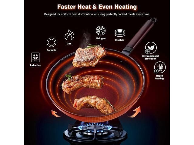 Carbon Steel Wok -13 Inch Woks & Stir-fry Pans Nonstick, Wok Pan with Lid Spatula and Dish Brush: Pre-Seasoned Flat Bottom Chinese Woks for...
