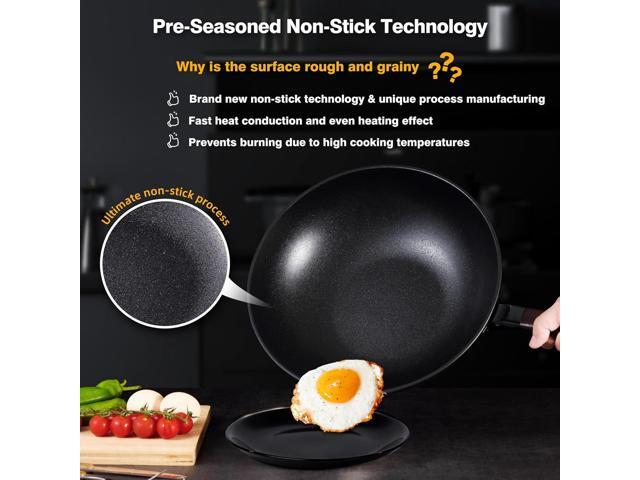 Carbon Steel Wok -13 Inch Woks & Stir-fry Pans Nonstick, Wok Pan with Lid Spatula and Dish Brush: Pre-Seasoned Flat Bottom Chinese Woks for...