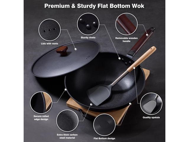 Carbon Steel Wok -13 Inch Woks & Stir-fry Pans Nonstick, Wok Pan with Lid Spatula and Dish Brush: Pre-Seasoned Flat Bottom Chinese Woks for...