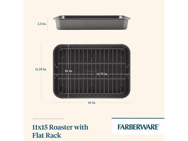 Farberware Bakeware Nonstick Steel Roaster with Flat Rack, 11-Inch x 15-Inch, Gray