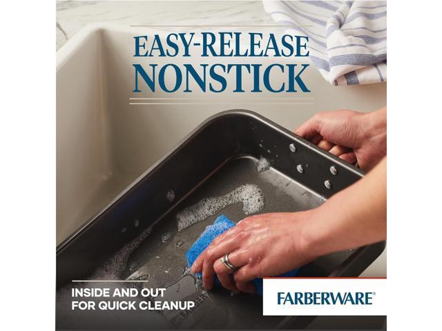 Farberware Bakeware Nonstick Steel Roaster with Flat Rack, 11-Inch x 15-Inch, Gray