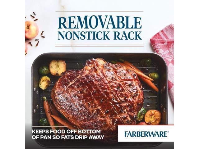 Farberware Bakeware Nonstick Steel Roaster with Flat Rack, 11-Inch x 15-Inch, Gray